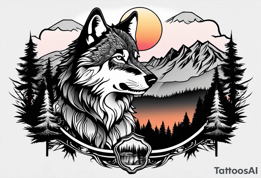 Wolf wearing sunglasses
Mountain peaks
Dark forest
Sunset
Moon tattoo idea
