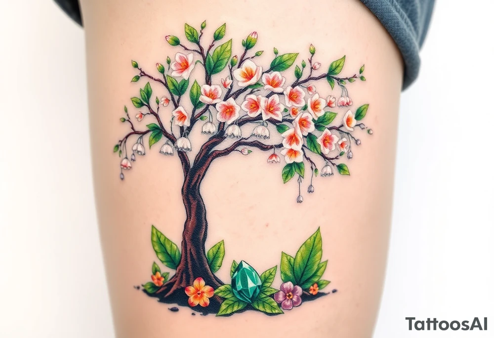 Flowering hawthorne tree with white lilly of the vally bell plants planted by  tree with other colorful  lilly plants on ground with a emerald by tree tattoo idea