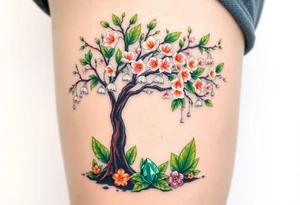 Flowering hawthorne tree with white lilly of the vally bell plants planted by  tree with other colorful  lilly plants on ground with a emerald by tree tattoo idea