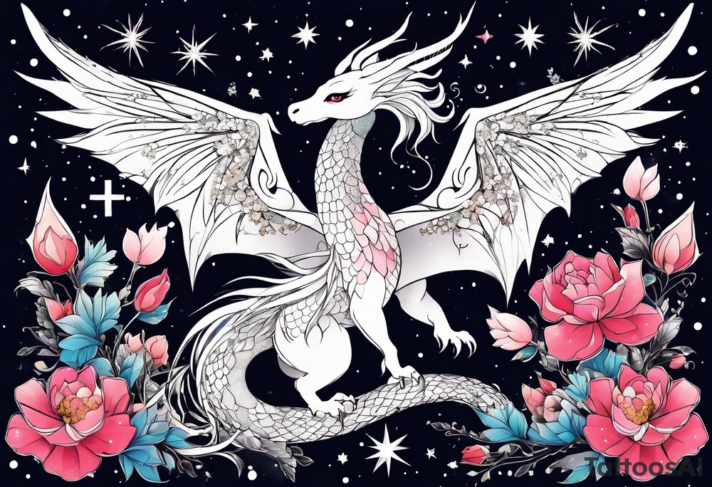 Constellation, wing , snow , cross , dragon female japan kawaii , flower tattoo idea