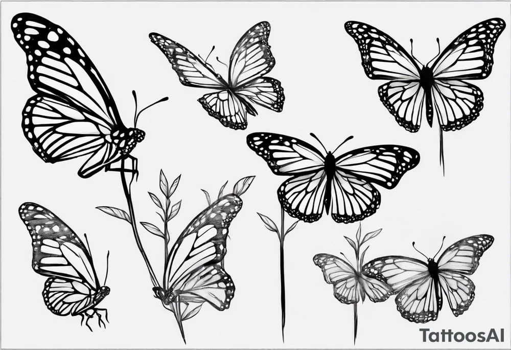 realistic monarch butterfly simple black outline sitting on a stick with wings slightly closed tattoo idea