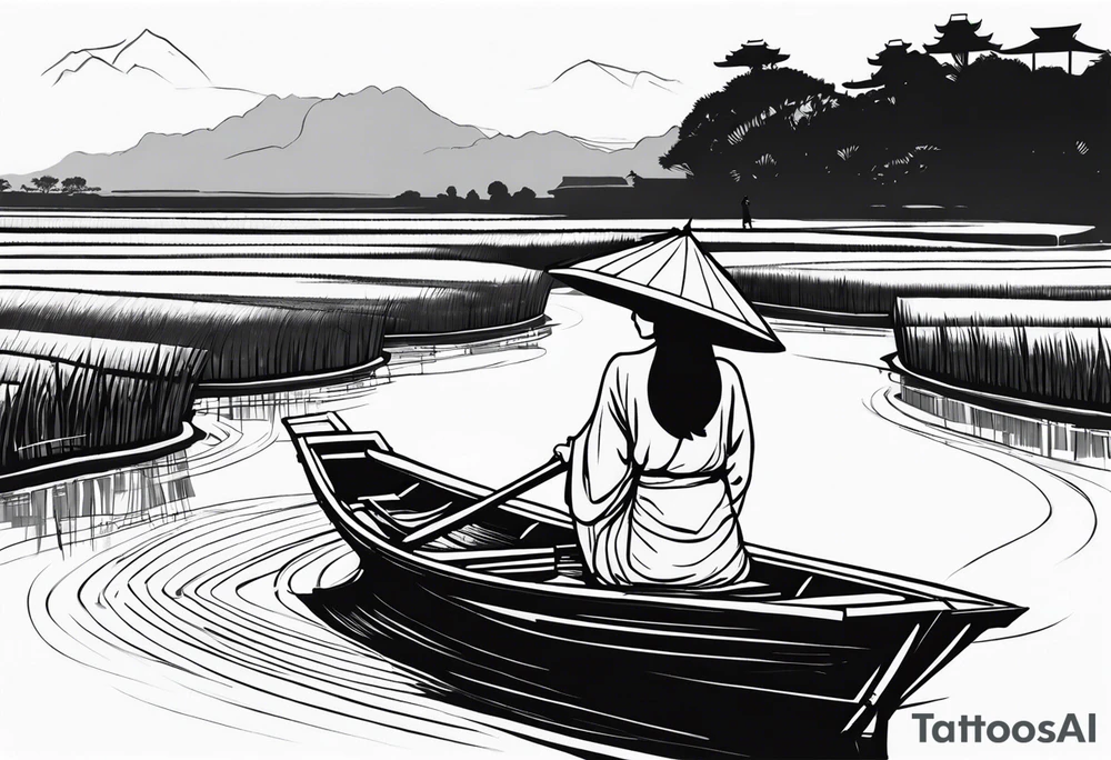 vietnamese lady on boat rice fields water tattoo idea