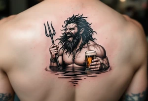 laughing poseidon, with a trident, in calm water, holding a beer tattoo idea