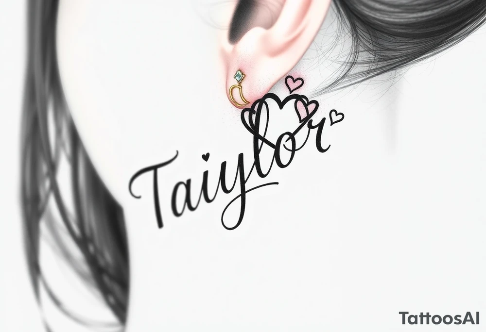 The name Taiylor spelled vertical with the O as as ring behind the ear with hearts tattoo idea
