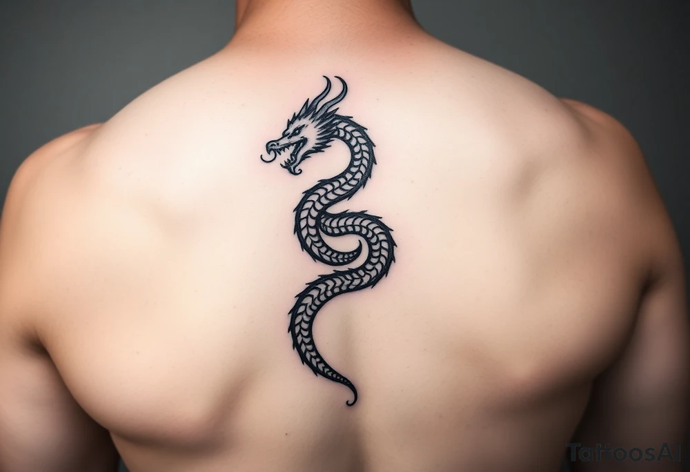 A refined black ink tattoo design for the back,  a minimalist tribal-style dragon curls in a spirals along the spine, symbolizing inner power and spiritual awakening. tattoo idea