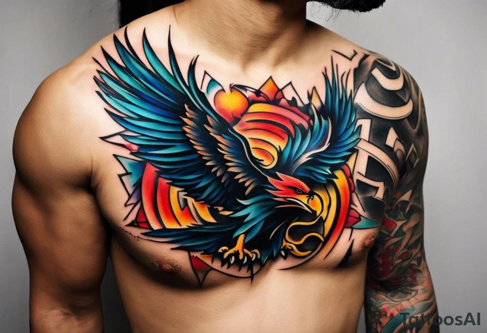 Wide tattoo that appears to be bursting out of the skin, symbolizing freedom. The tattoo should be vibrant and dynamic, with bold lines and colors that evoke a sense of liberation and empowerment. Consider incorporating elements such as broken chains, or other symbols of freedom. The tattoo should be visually striking and thought-provoking, inviting the viewer to reflect on the importance of personal freedom. tattoo idea