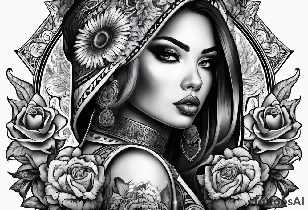 Chicano style sleeve about drugs family and women tattoo idea