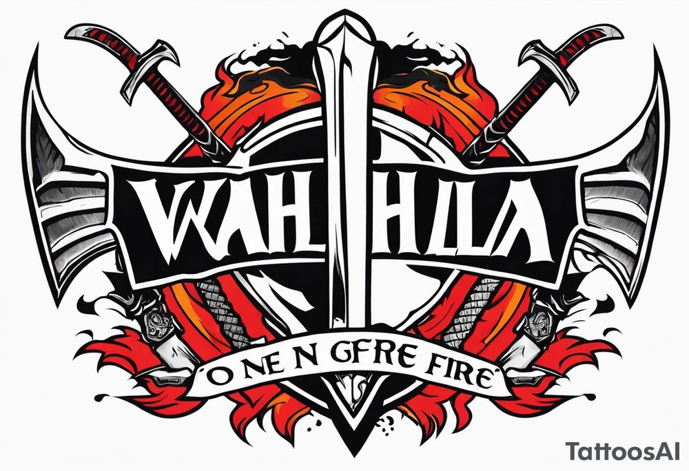 valhalla on fire sword shield axe warrior tattoo idea