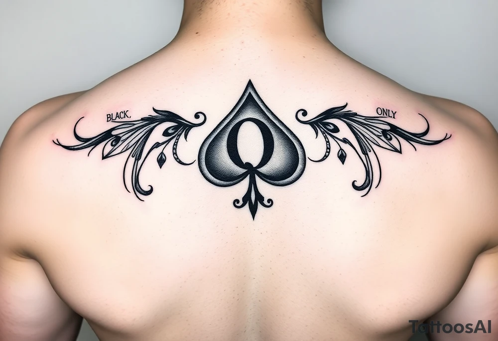 A spade womb tattoo with a Q in the center, with three points around the outside. The first reading, "BLACK". The second reading, "BABY". The third reading, "ONLY". tattoo idea