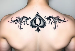A spade womb tattoo with a Q in the center, with three points around the outside. The first reading, "BLACK". The second reading, "BABY". The third reading, "ONLY". tattoo idea