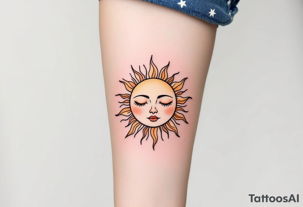 A stylized sun with the son’s face subtly etched in gold and burnt orange rays. tattoo idea