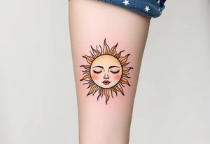 A stylized sun with the son’s face subtly etched in gold and burnt orange rays. tattoo idea