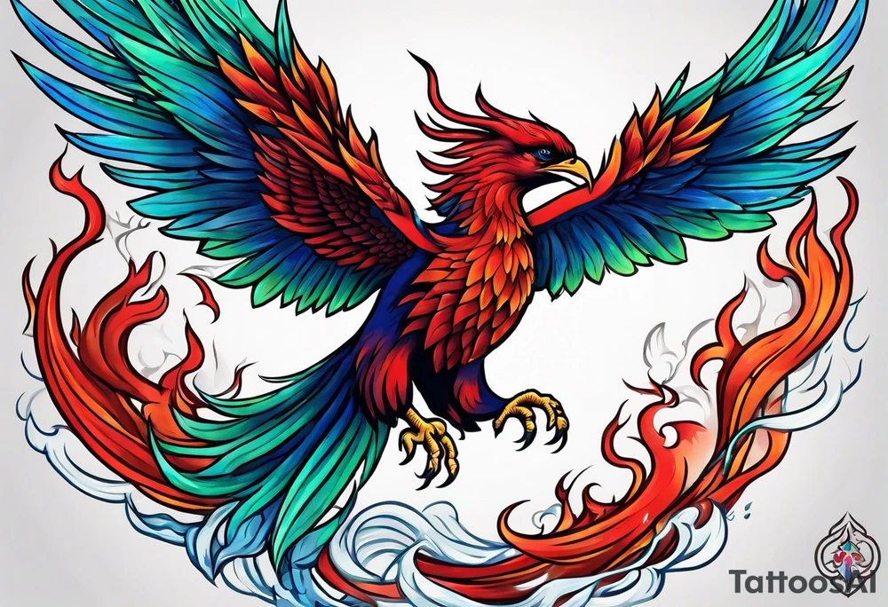 Blue and red Phoenix rising from the green ashes tattoo idea