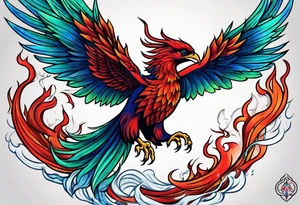 Blue and red Phoenix rising from the green ashes tattoo idea