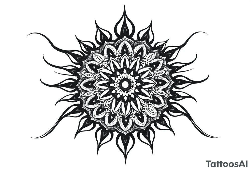 Mandala center with flowing black lines extending outward, blackwork tattoo design, spiritual energy, curved shapes, symmetrical but flowing, designed for sleeve expansion tattoo idea