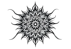 Mandala center with flowing black lines extending outward, blackwork tattoo design, spiritual energy, curved shapes, symmetrical but flowing, designed for sleeve expansion tattoo idea