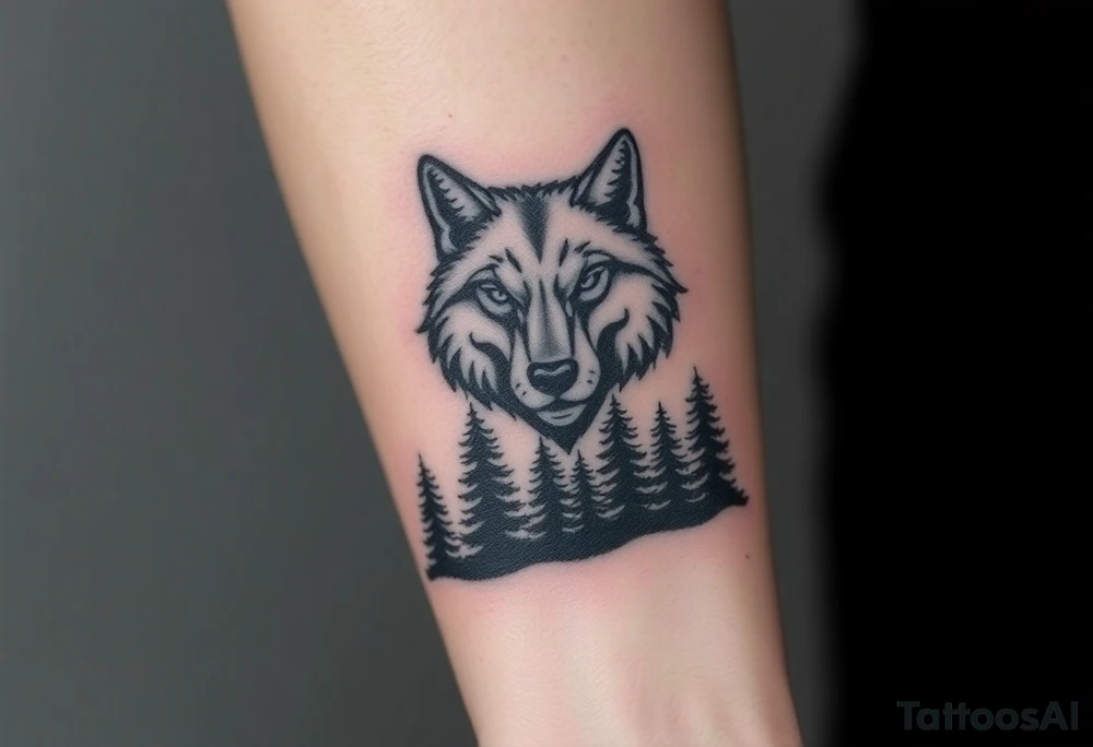 Dark wooded area with a large wolf head over the treeline tattoo idea