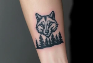 Dark wooded area with a large wolf head over the treeline tattoo idea