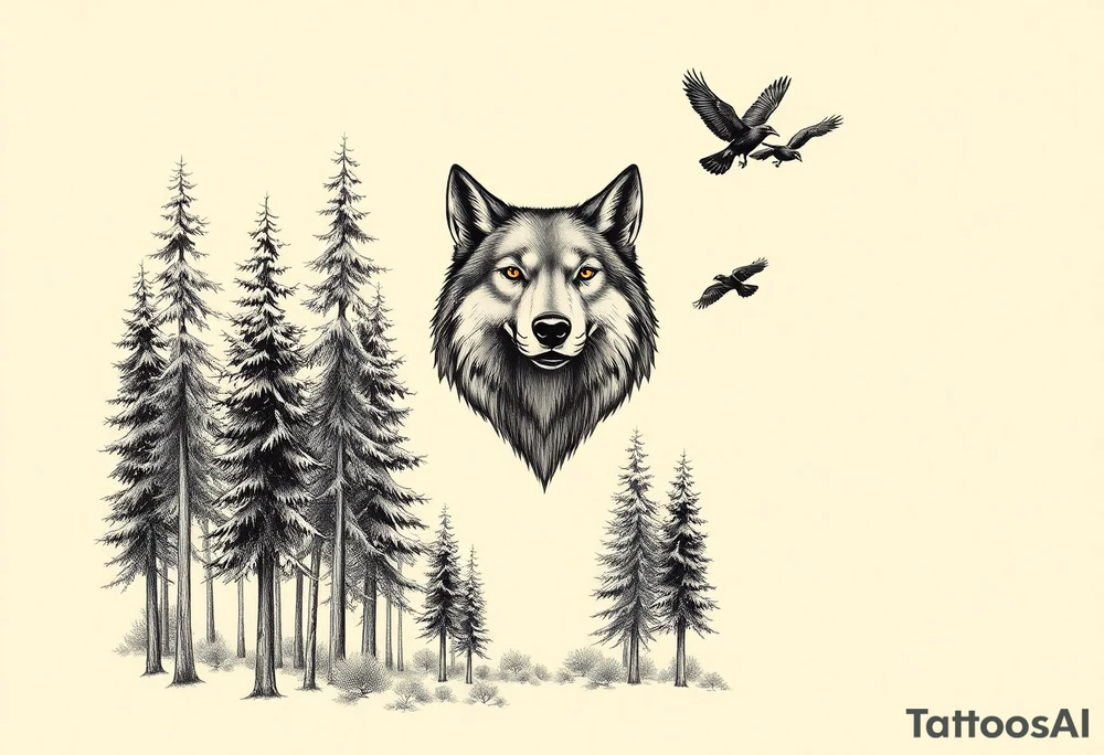 Densely wooded area with tall pine trees with a large wolf head hovering in the foreground looking straight forward, and four ravens flying overhead tattoo idea