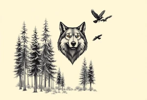 Densely wooded area with tall pine trees with a large wolf head hovering in the foreground looking straight forward, and four ravens flying overhead tattoo idea