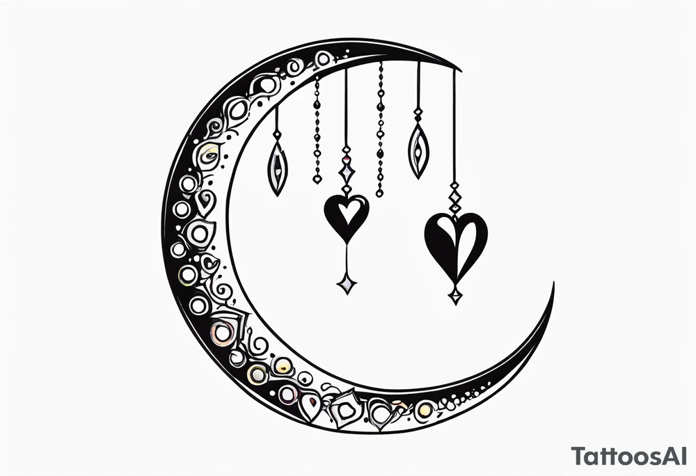Crescent moon with heart shaped jewels dangling from the bottom of it tattoo idea