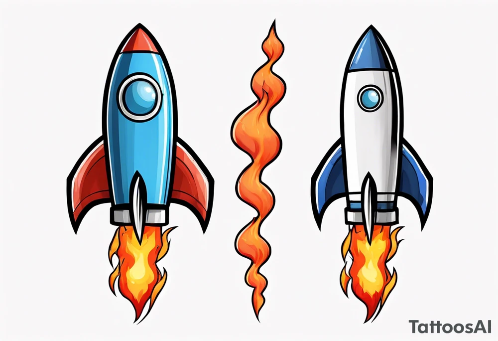 Super simple cartoon rocket ship with a round window, 3 fins, and fire coming out the bottom

Add some shading, color, and detail to make less basic tattoo idea