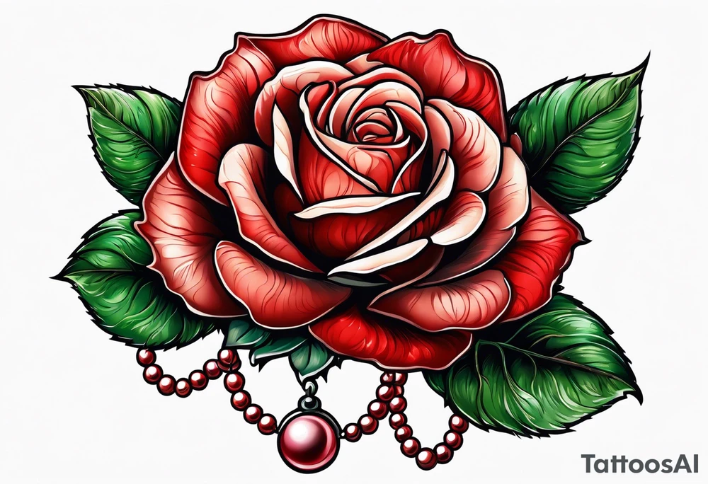 Red rose with a pearl necklace tattoo idea