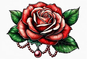 Red rose with a pearl necklace tattoo idea