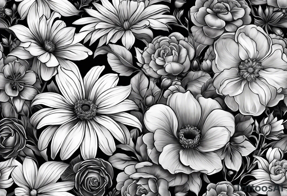black and gray bunch of flowers that include violets, daffodils, daisies, roses, morning glorys, marigolds, chysanthemums with text at the bottoms reading "Find someone who grows flowers in the darkest part of you" tattoo idea