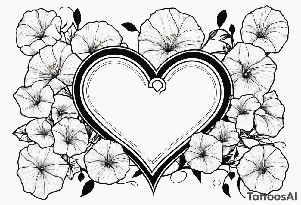 Heart with morning glory flowers as the border with the name Cameron and the time 8:34am tattoo idea