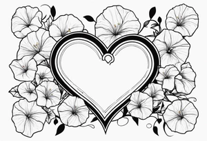 Heart with morning glory flowers as the border with the name Cameron and the time 8:34am tattoo idea