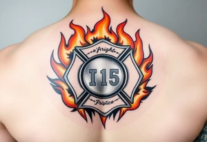 A roaring fire engulfing a firefighter’s badge, with deep orange and yellow flames contrasting against the polished silver emblem. tattoo idea