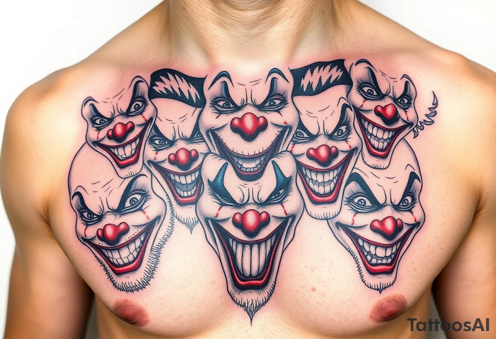 creative collage of each different emotion in different type of clown faces tattoo idea