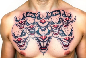 creative collage of each different emotion in different type of clown faces tattoo idea