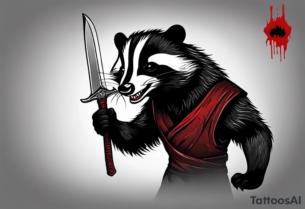 Draw me psychopath Badger/Warrior with aggressive full body, killer face with a scary smile, very long nails and he attacks like a Bloody Assassin to us and also, he has very deadly looking. He fights with his nails. Everybody scares after their first sight. Give me horror type Badger Tattoo. I want to see his Realistic full body. tattoo idea