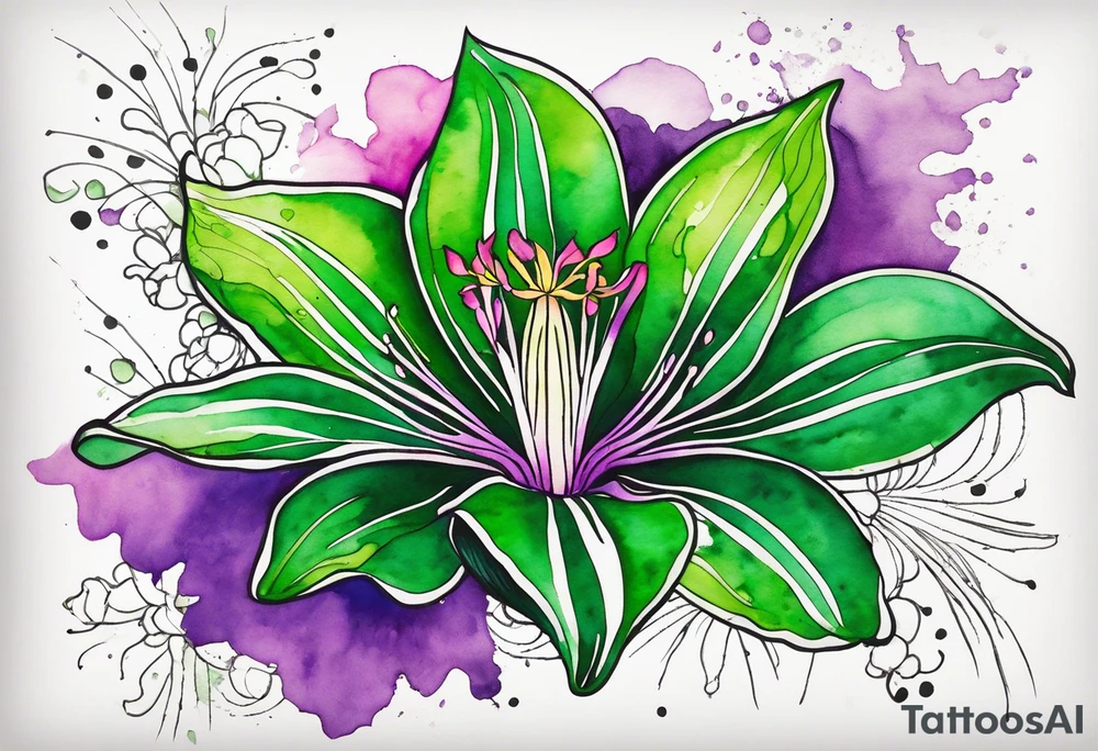 An outline of an only green rio dipladenia flower and a green and purple watercolor splash in the background tattoo idea
