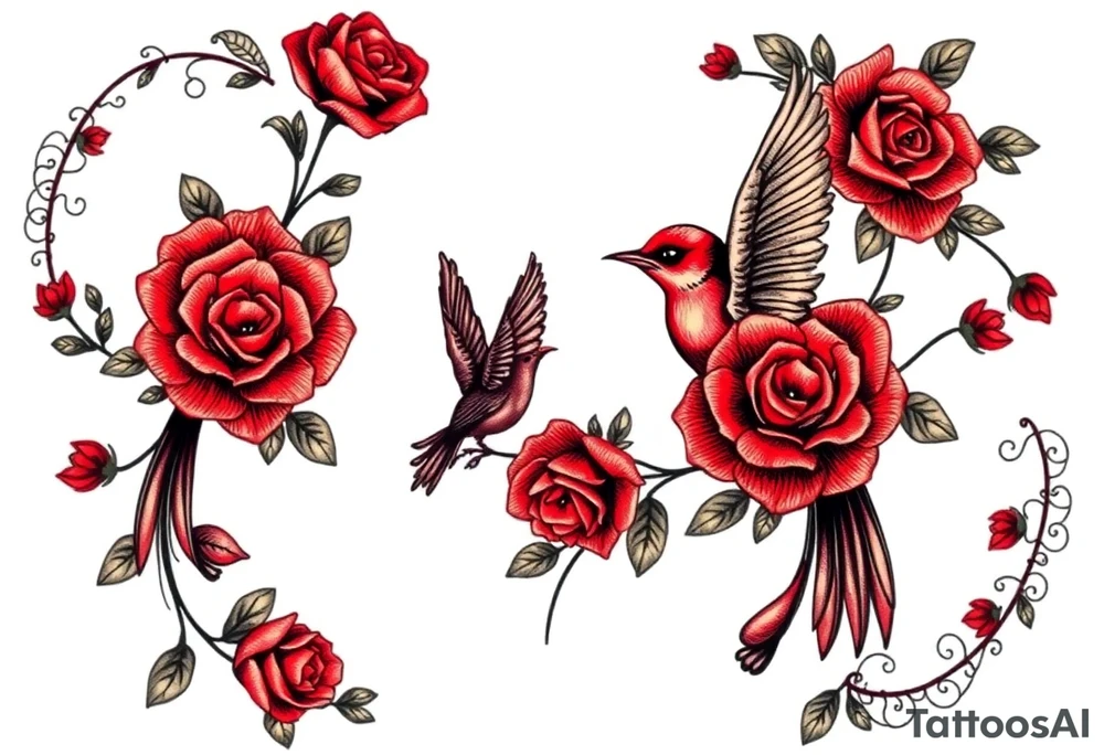 Vintage lace, red roses, red birds, vintage, wrap around, tighter together, no space open tattoo idea