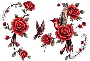 Vintage lace, red roses, red birds, vintage, wrap around, tighter together, no space open tattoo idea