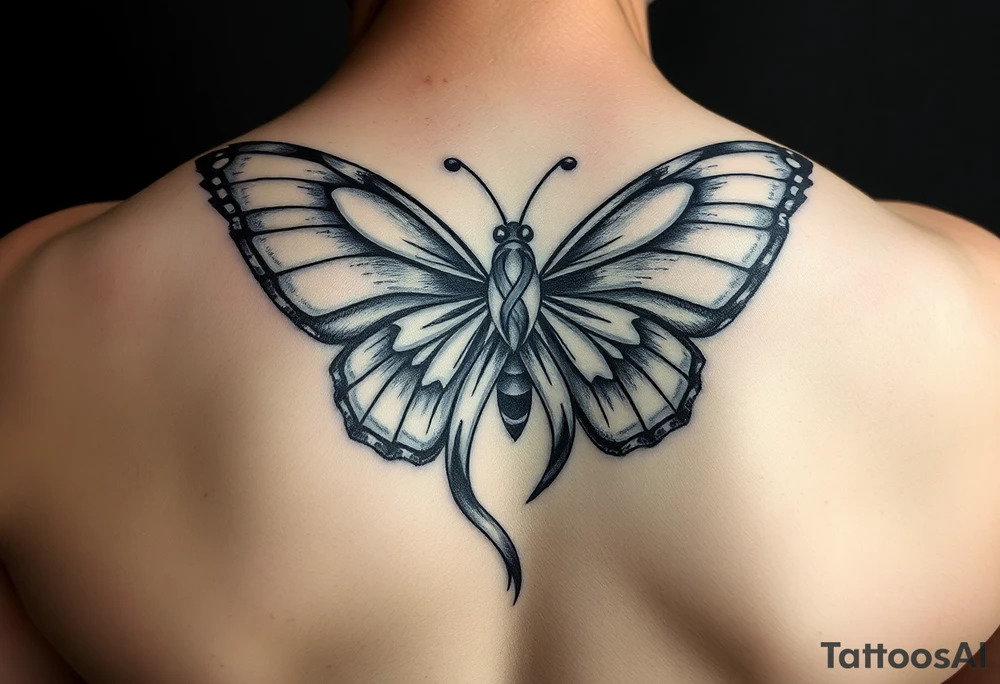 ethereal butterfly with flowing silk HIV-positive symbol ribbons in moonlight tattoo idea