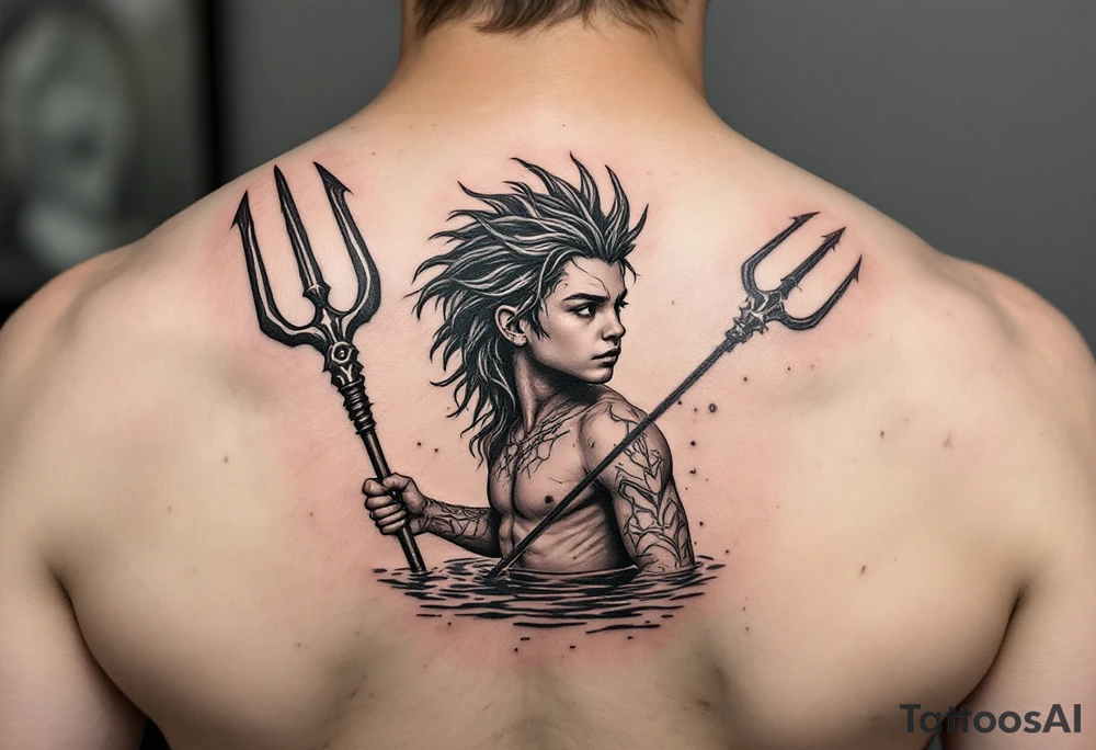 young poseidon, with trident, in water, looking at the horizon tattoo idea
