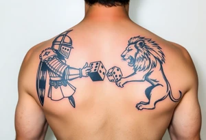 Knight and lion fighting rolling dice tattoo idea