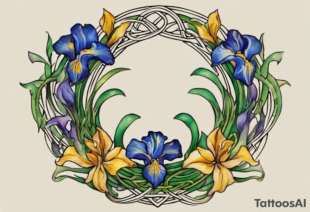 Create a small, colorful Vincent van Gogh Irises tattoo in the form of a crescent, with vines in Celtic knot style gracefully intertwining at a central point in the middle of the wreath. The intended placement is on the upper chest. The middle needs mountains. The overall design should be small in size while maintaining a delicate and artistic aesthetic. Pay attention to the graceful flow of the vines and the placement of the irises to achieve a refined and elegant look. tattoo idea