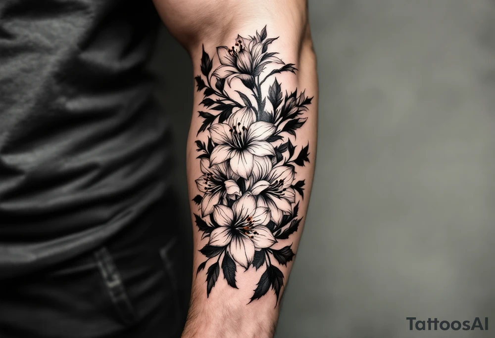 1 black band with roman numerals near elbow and 1 black band lower forearm, both with roman numerals in them. between the black bands fill the space with narcissus flowers and holly tattoo idea