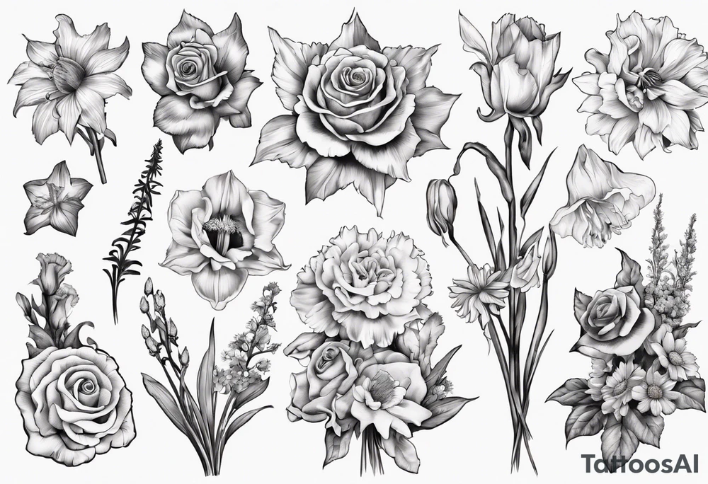 Flower bouquet with daffodil, rose, Larkspur, gladiolus, aster, marigold, chrysanthemum, narcissus tattoo idea