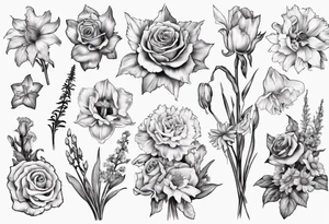 Flower bouquet with daffodil, rose, Larkspur, gladiolus, aster, marigold, chrysanthemum, narcissus tattoo idea