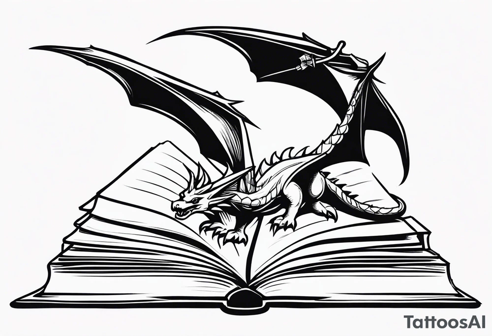 an open book. a flying dragon. One pawn piece. a cluster of lavender under book tattoo idea
