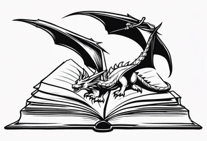 an open book. a flying dragon. One pawn piece. a cluster of lavender under book tattoo idea