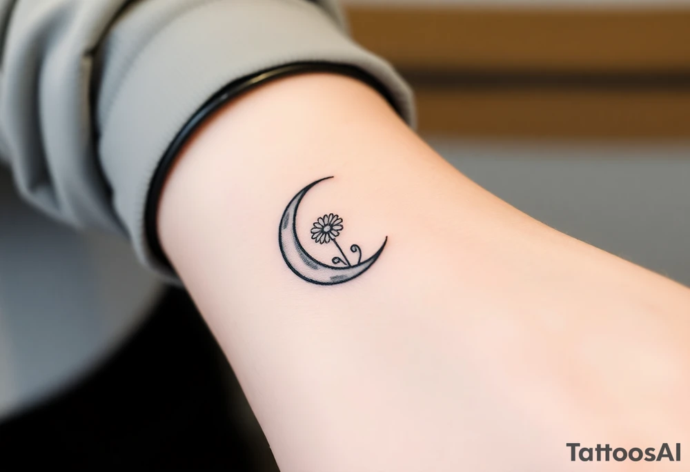 Small black and white tattoo waxing crescent moon with small Daisy birth flower and tiny Leo gliph tattoo idea