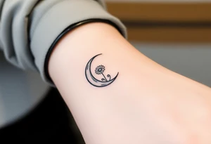 Small black and white tattoo waxing crescent moon with small Daisy birth flower and tiny Leo gliph tattoo idea