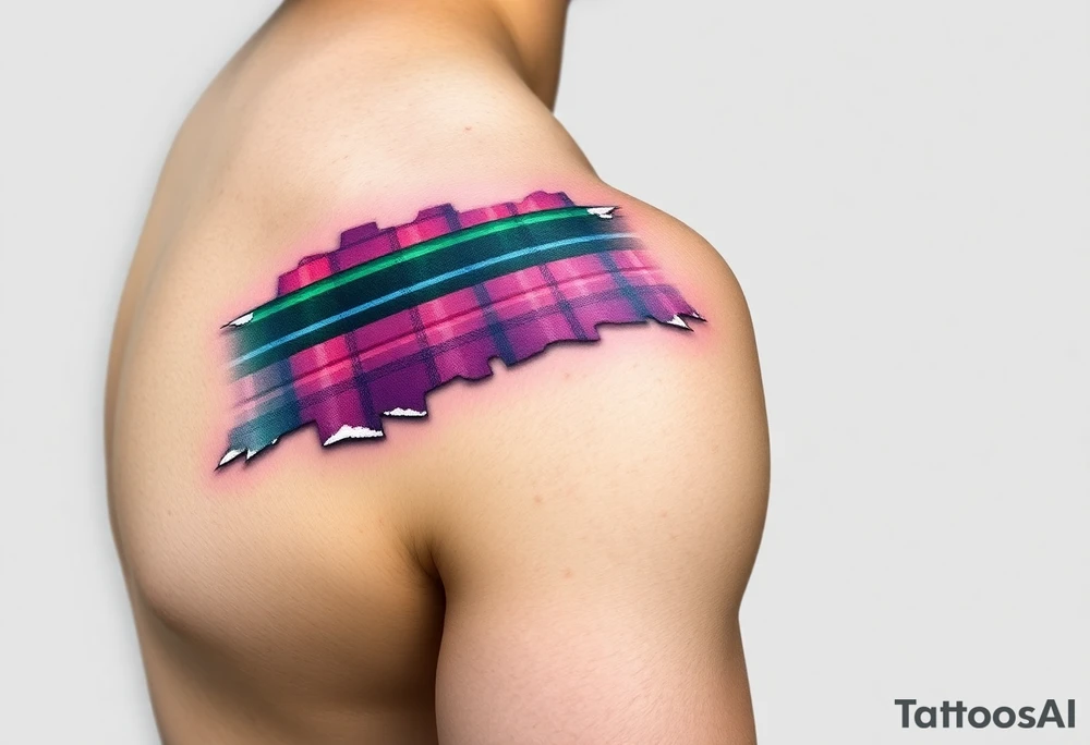 Side of arm Dark Purple with green pink blue and white highlights tartan fabric with skin peeling away at edges tattoo idea